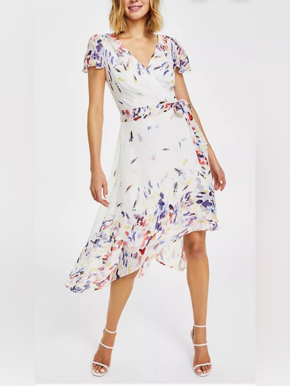 DKNY Womens' Printed Flutter Sleeve Faux Wrap Midi Dress - Print/Ivory/Marine